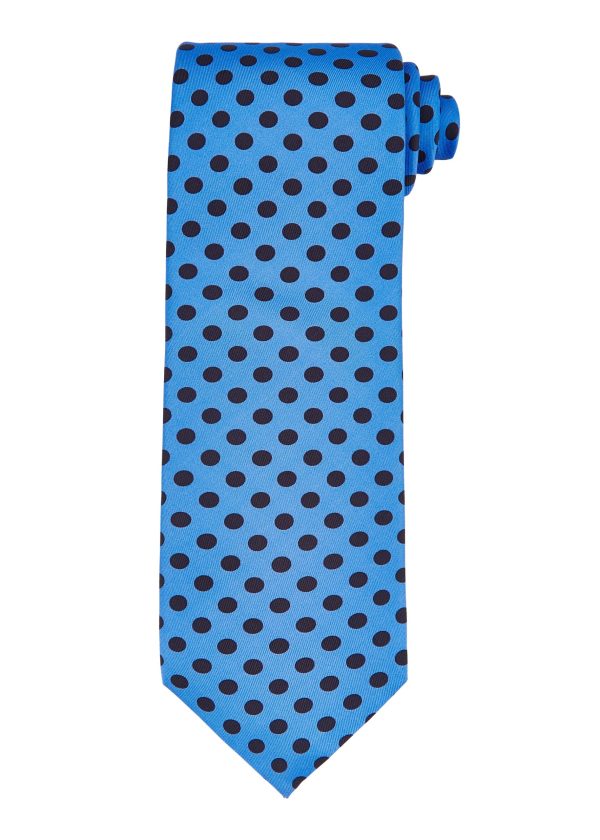 A men's blue silk tie with large navy spots.