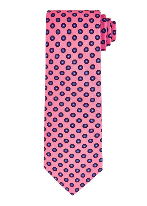 A men's pink silk tie with hexagonal pattern.