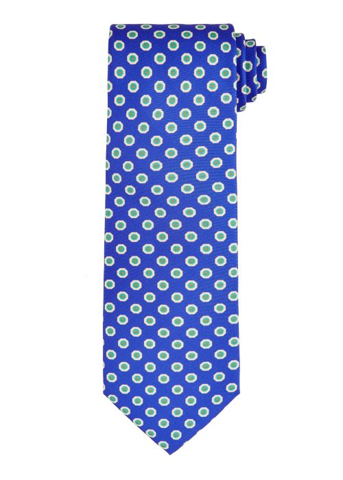 A men's royal blue silk tie with hexagonal pattern.