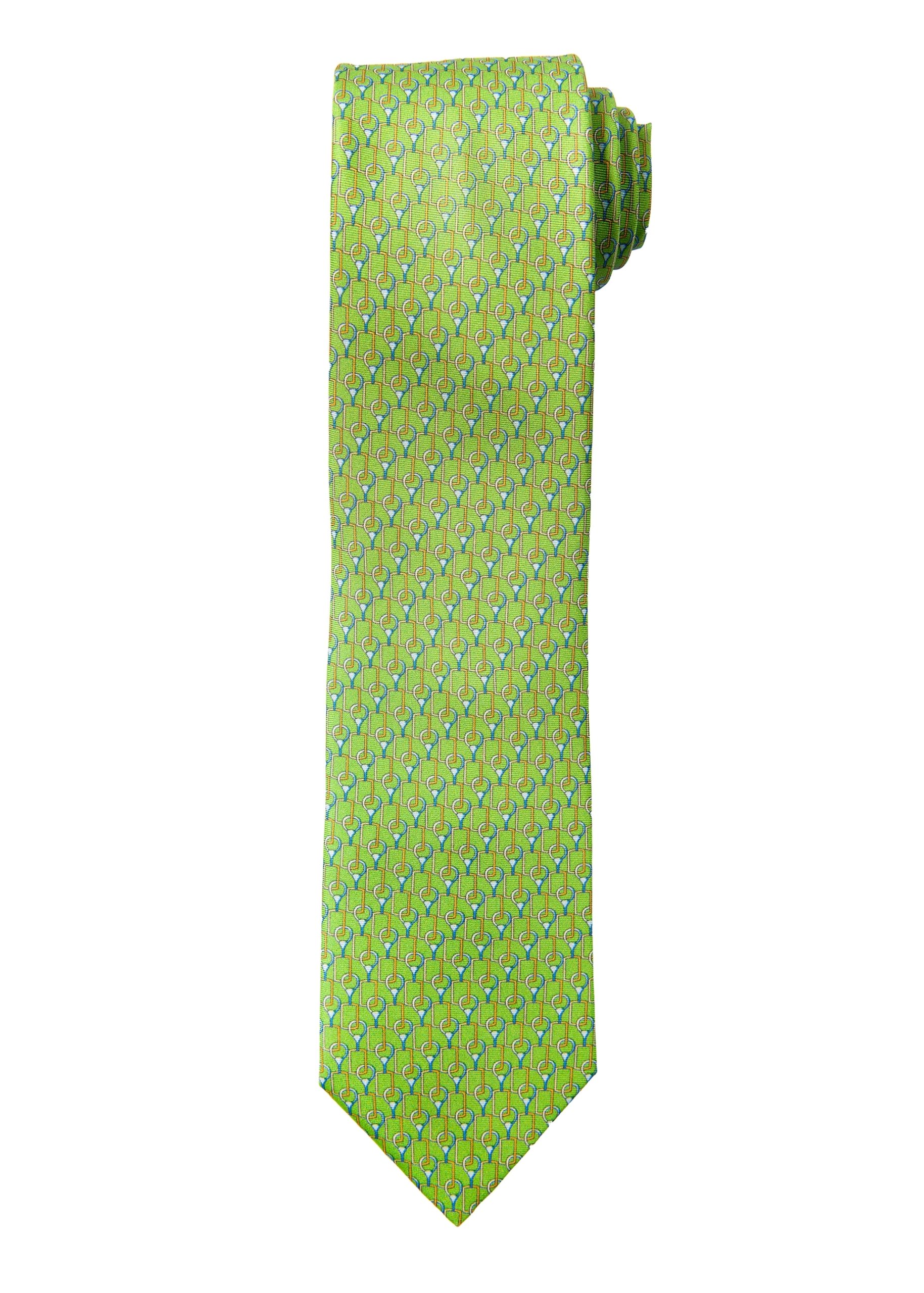 A classic men’s silk tie with rounded link design in green.