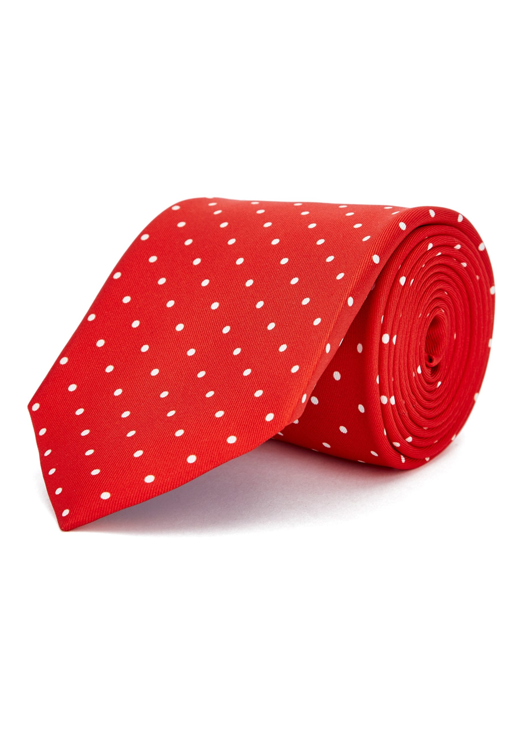 A luxury spotty silk tie patterned tie in red and white.