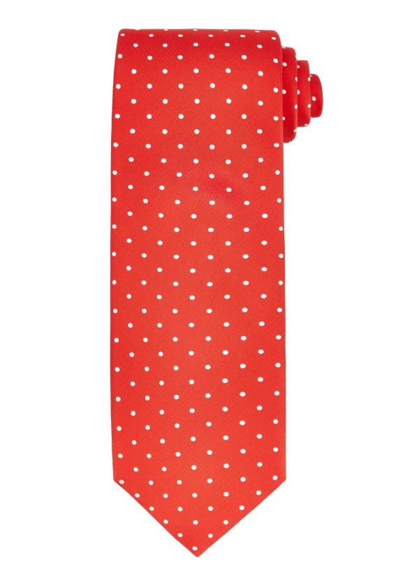 A spotty silk men's tie red with white spots.