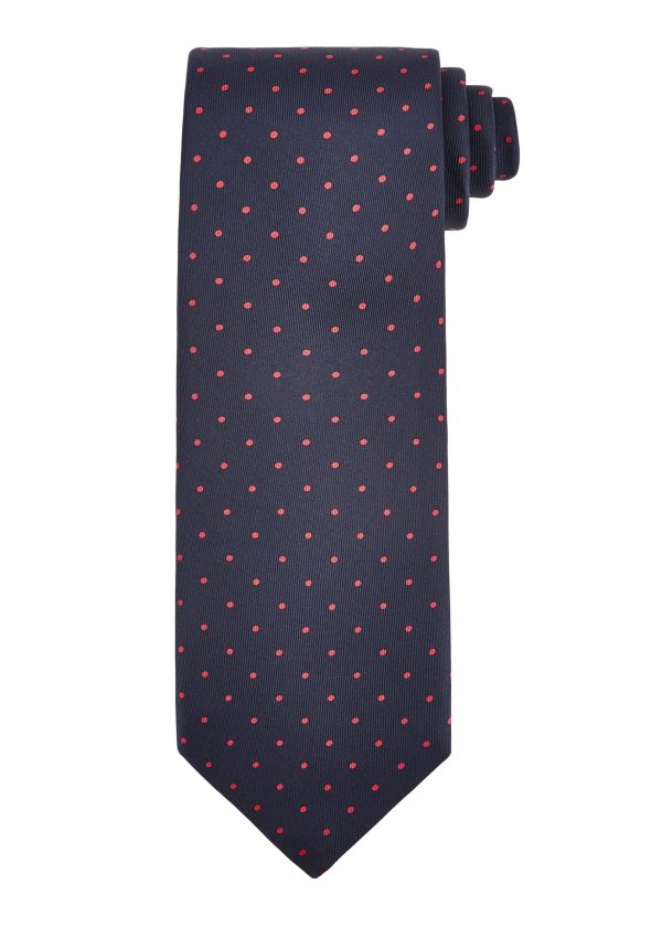 A spotty silk men's tie navy with red spots.