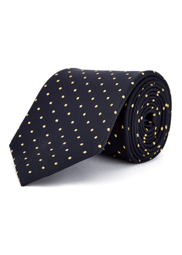 A luxury spotty silk tie patterned tie in navy and yellow.