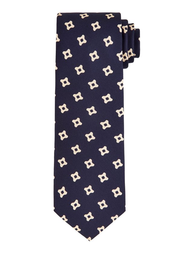 A navy men's silk business tie with square pattern.