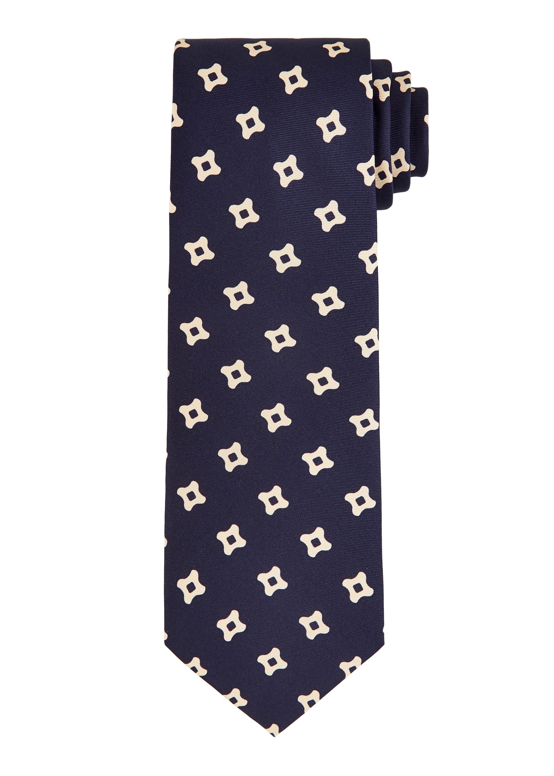 A navy men’s silk business tie with square pattern.
