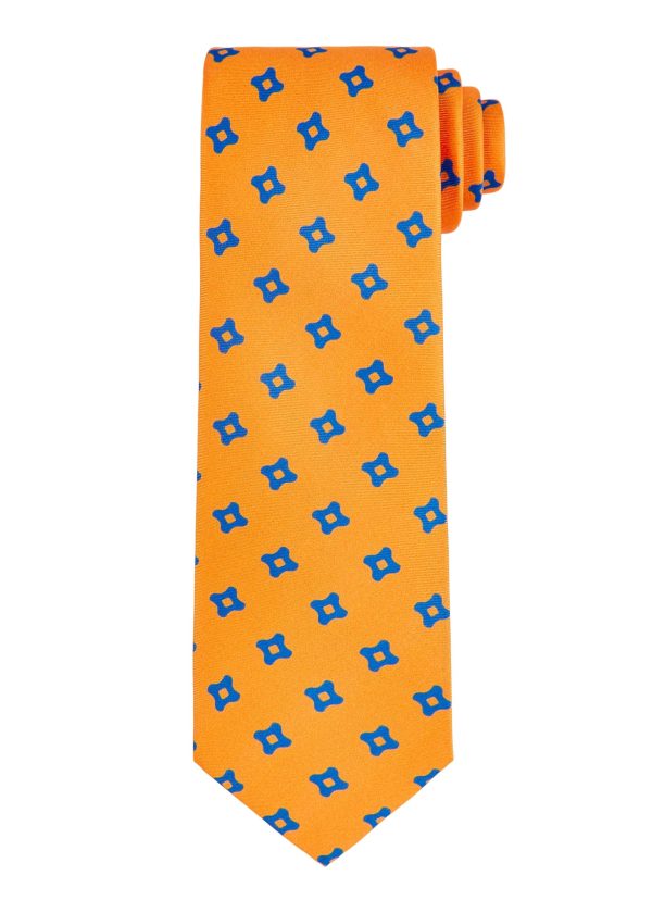 A gold men's silk business tie with square pattern.
