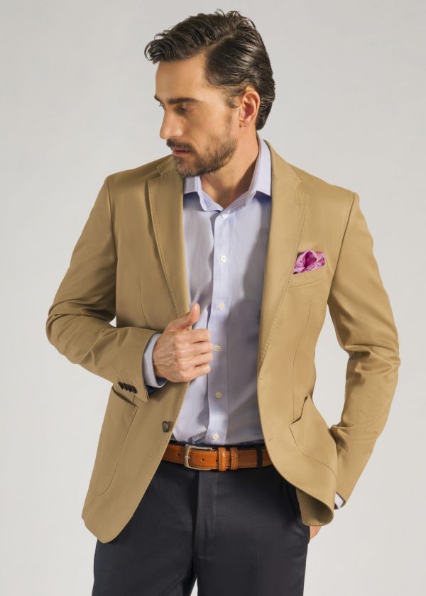 Bertie Wooster beige jacket styled with a pink silk pocket square
