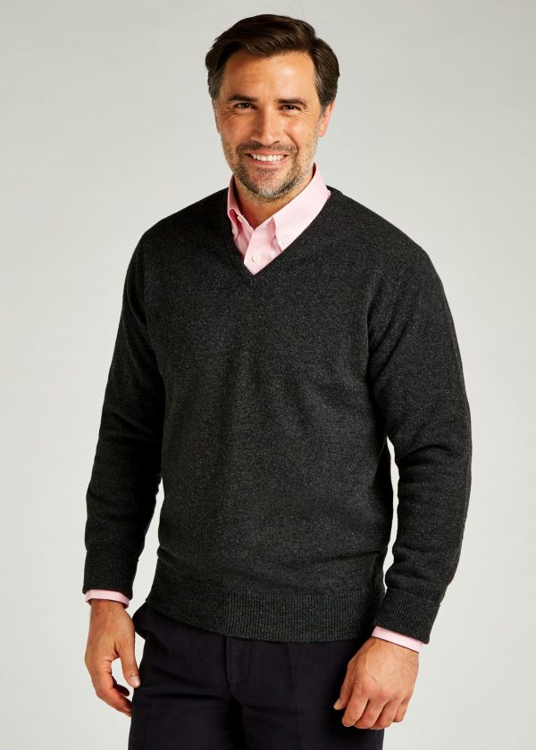 Charcoal v neck sweater styled with a shirt