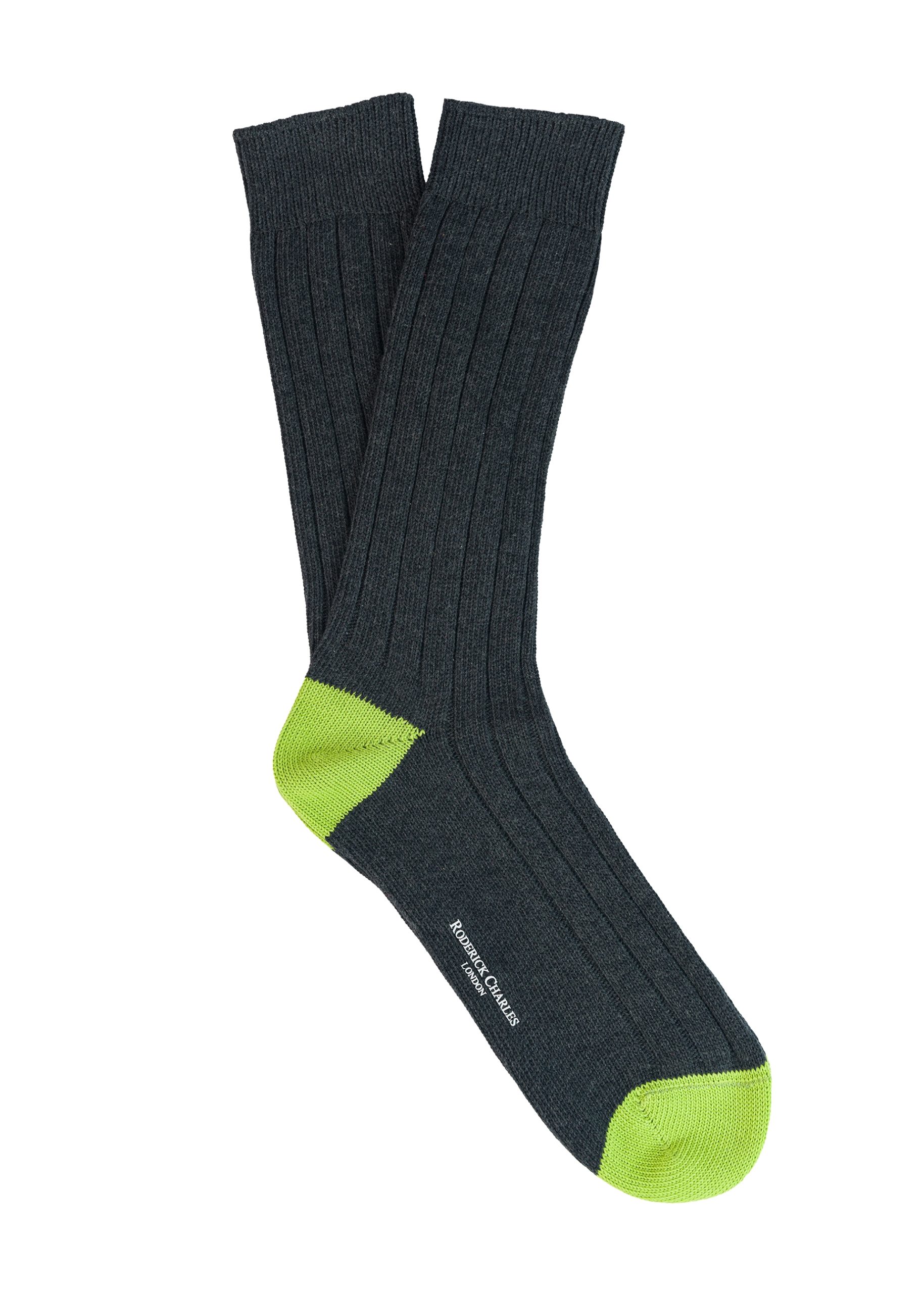 Fun grey sock for a man with bright green heel and toe.