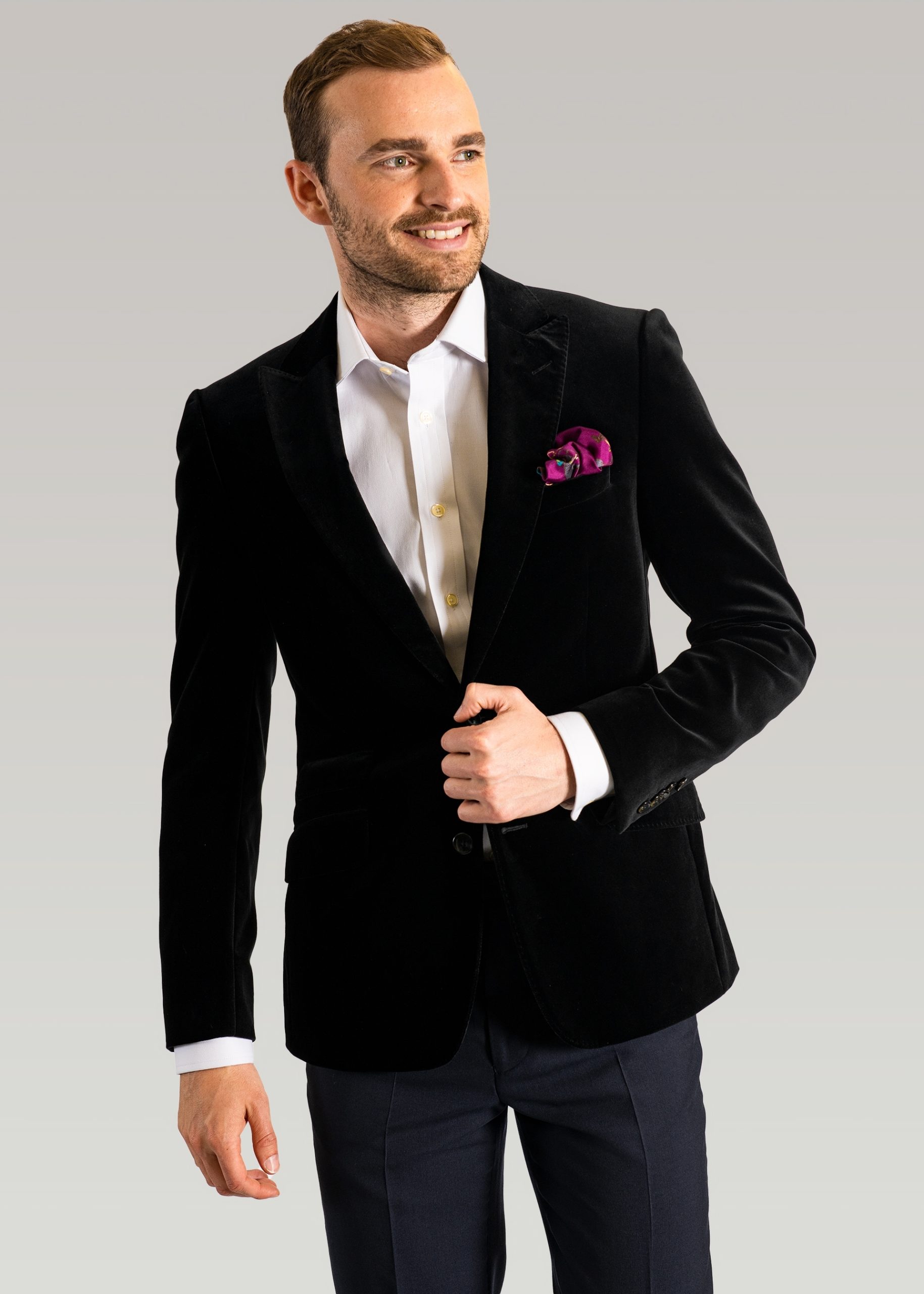 Men’s black velvet tailored fit jacket perfect for formal occasions