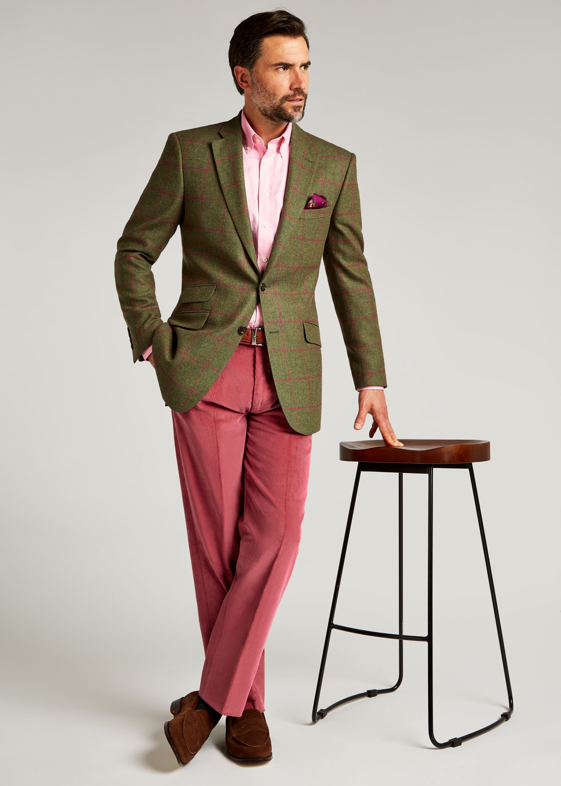 Roderick Charles tailored fit tweed jacket in green and pick with four button cuff