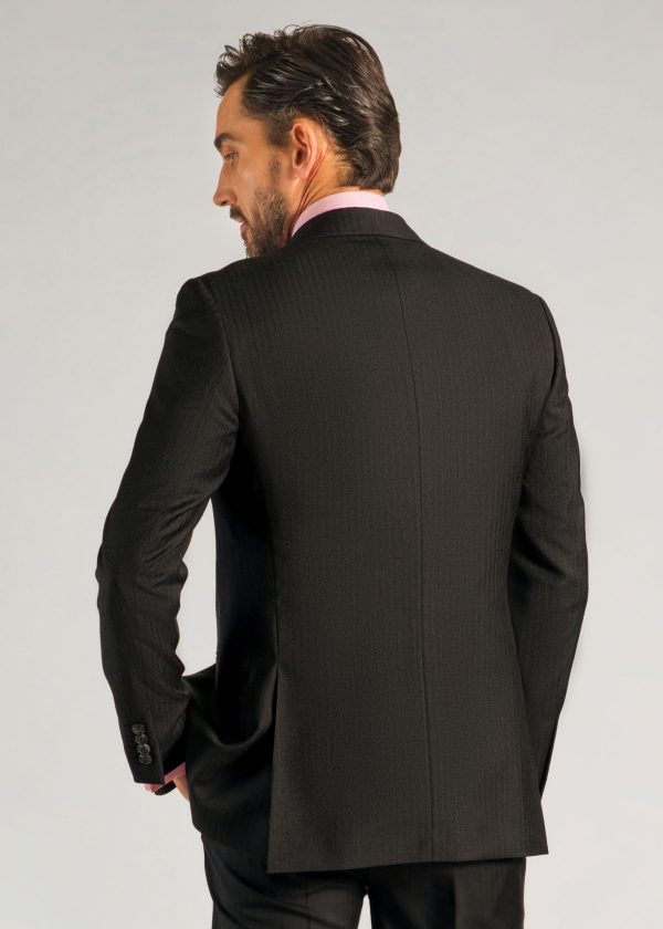 Back of grey herringbone mens suit with straight side pockets