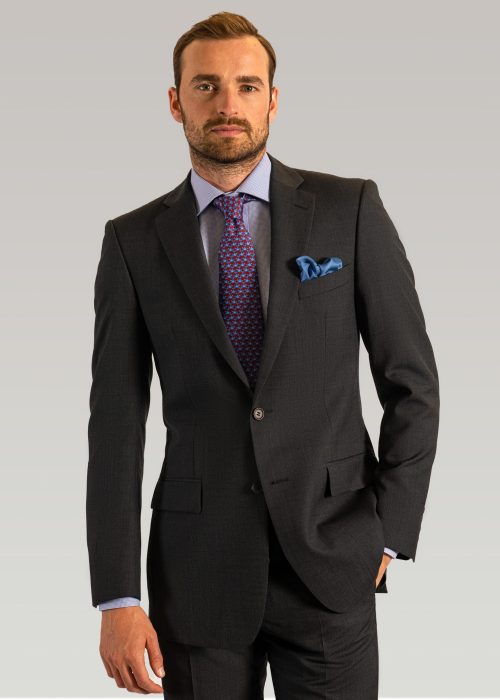 Dark Grey pin head London business suit with blue horse tie and blue silk pocket square