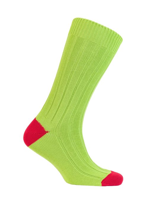 Men's bright green cotton sock with red heel and toe.