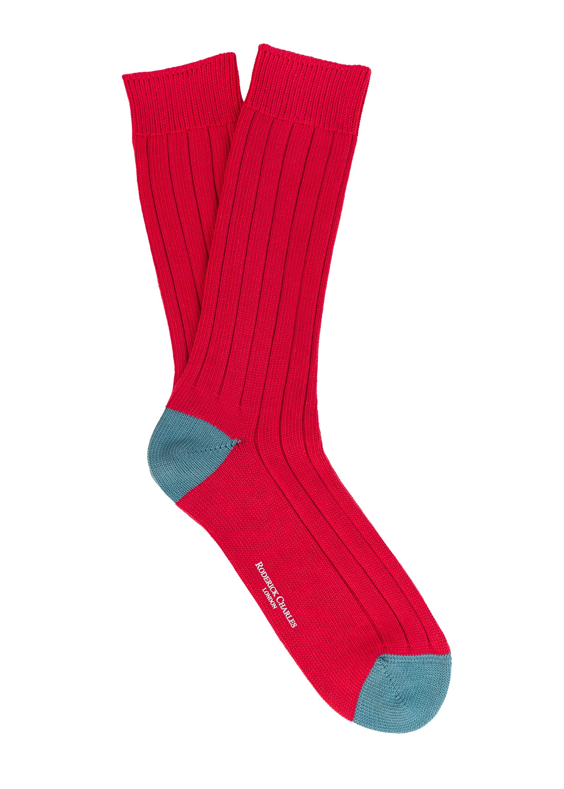 A men’s contrast heel and toe cotton sock in red and blue by Roderick Charles
