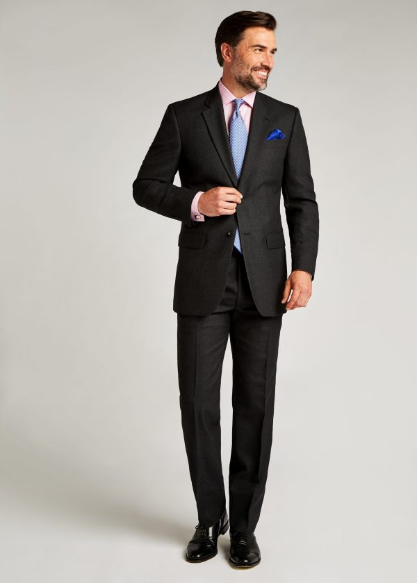Classic fit mid weight grey mens birdseye suit with adjustable waist strap