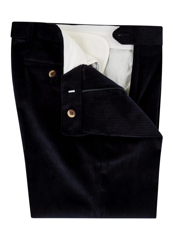 Flat fronted navy corduroy trousers