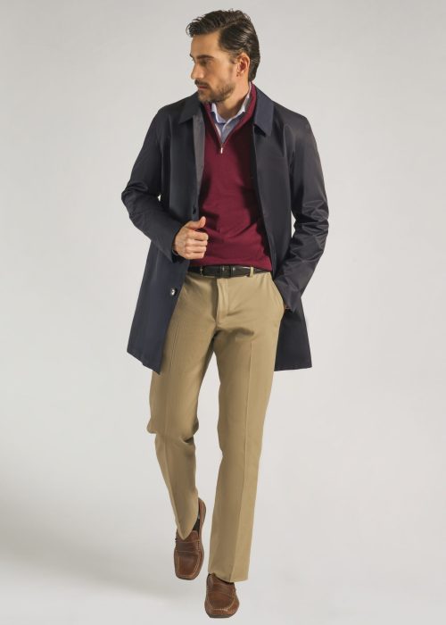 Bertie Wooster navy rain coat styled with v neck sweater
