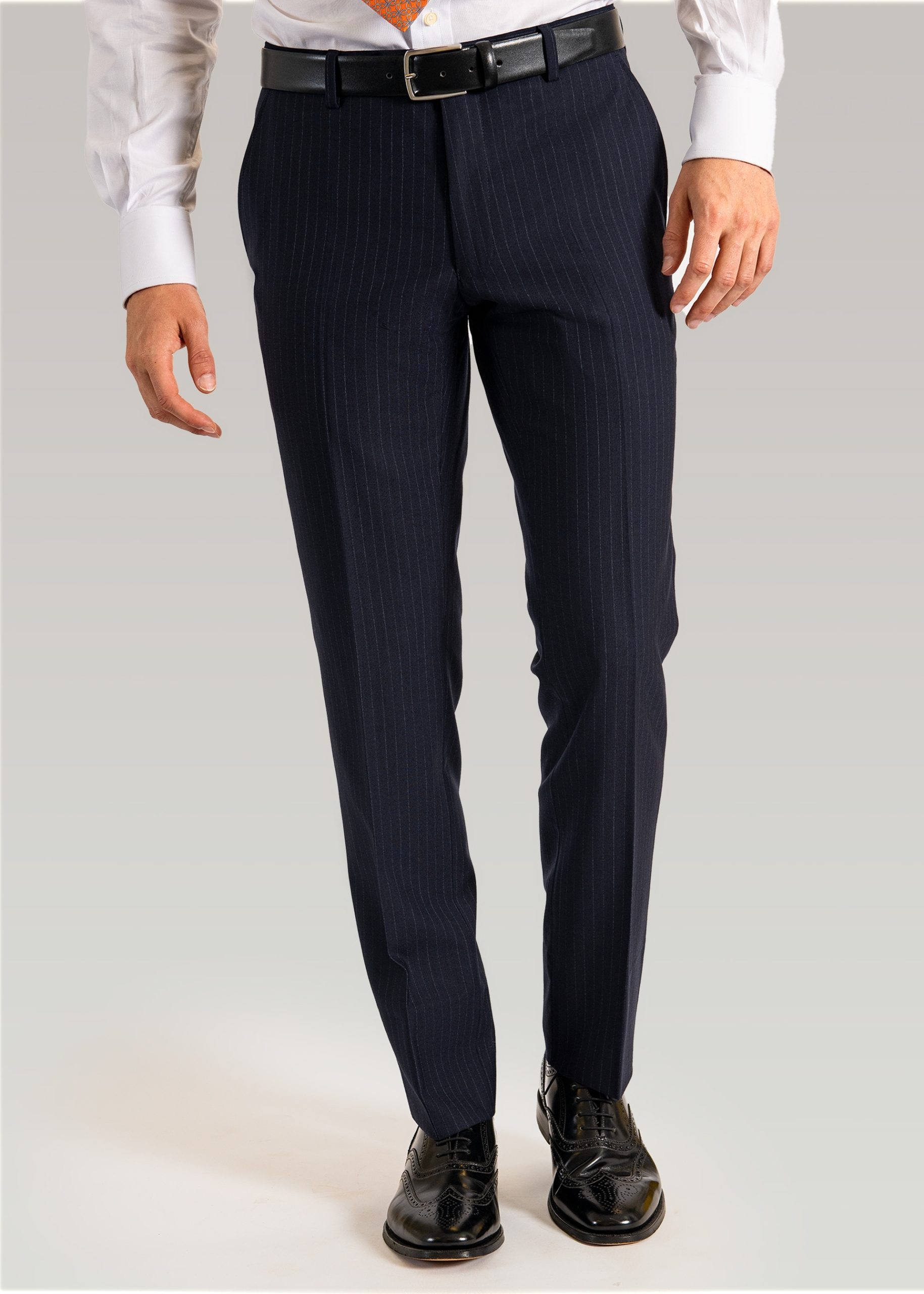 Navy striped suit trousers with black leather belt