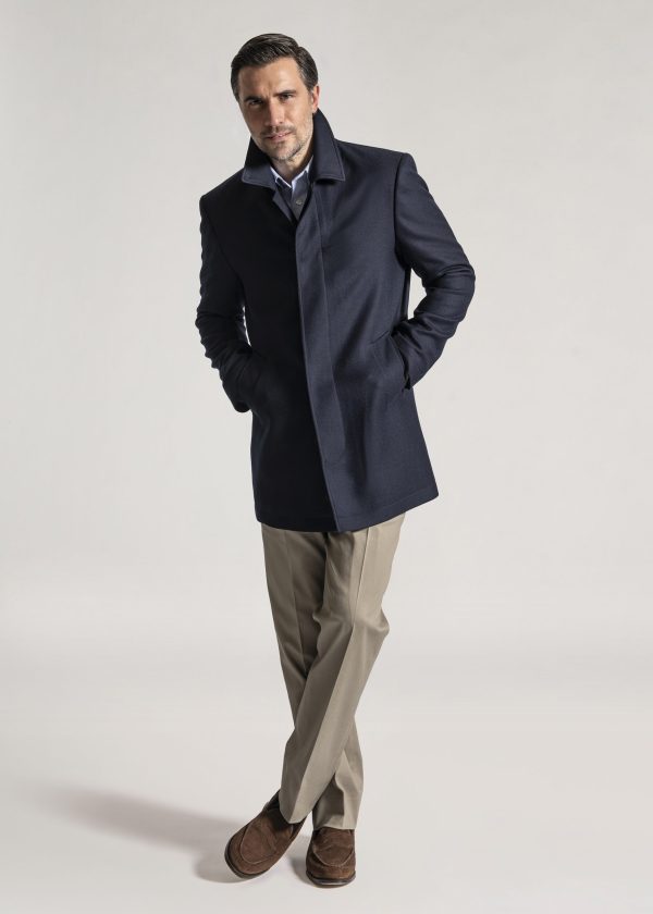 Men's short navy overcoat in 100% wool