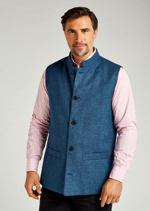 Roderick Charles mid blue tweed Nehru waistcoat