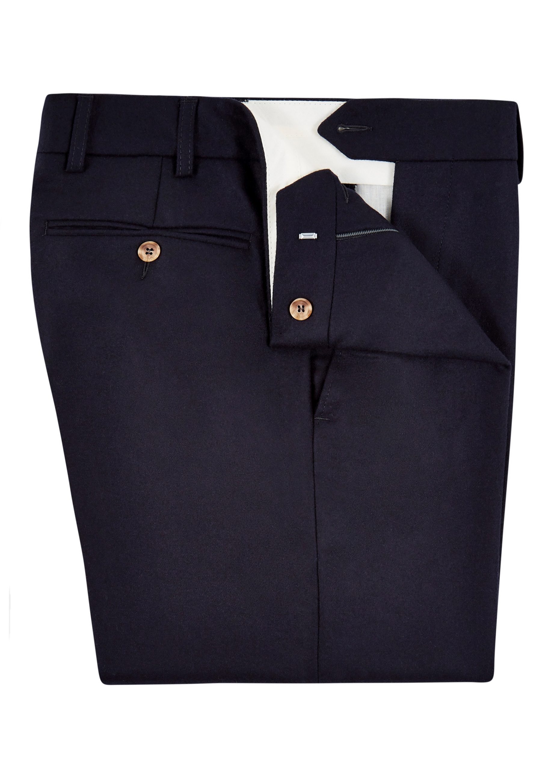 Flannel trousers in navy blue with two rear pockets