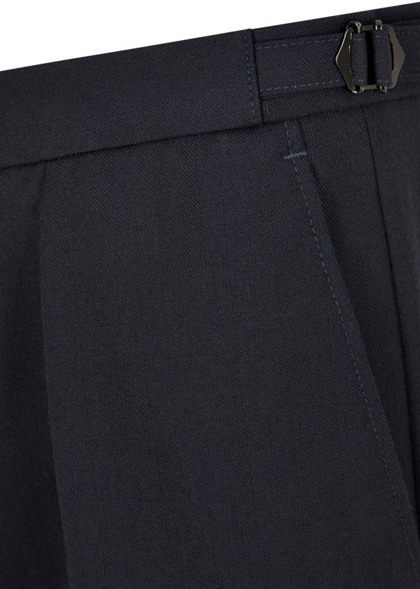 Roderick Charles navy double breasted suit trousers with adjustable waist straps
