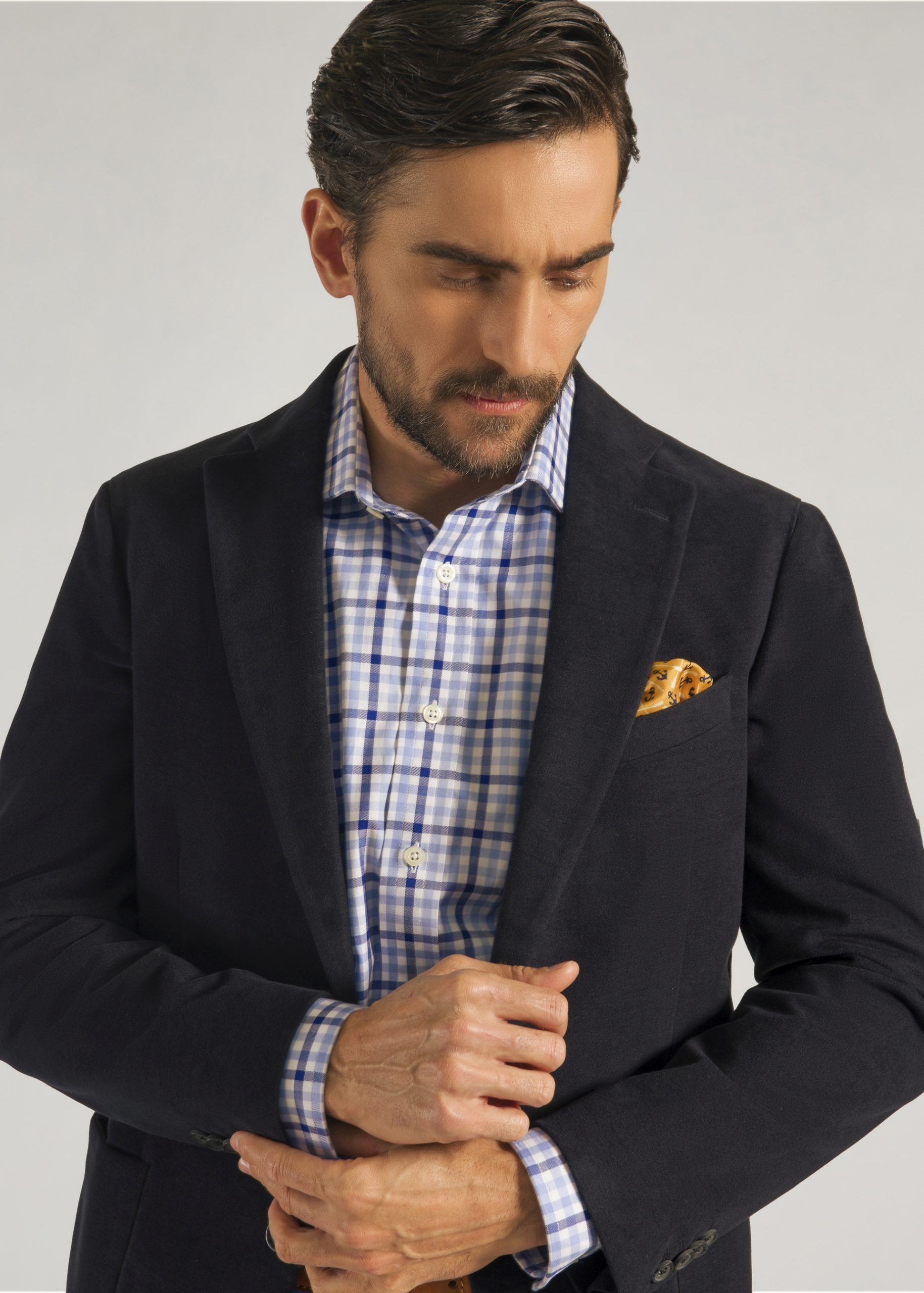 Bertie Wooster moleskin jacket in navy blue styled with blue and white check shirt