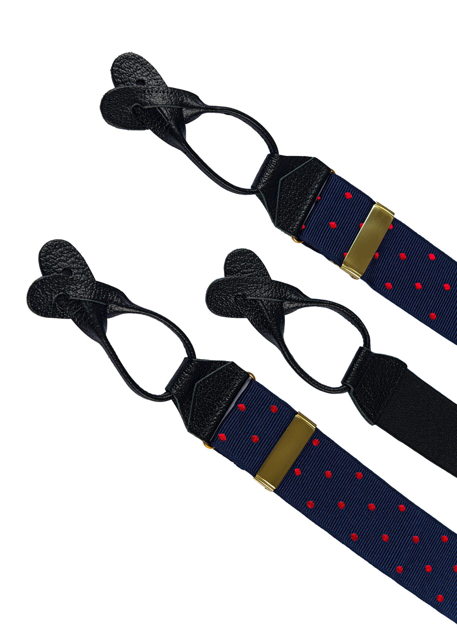Roderick Charles red polka dot braces in navy and red