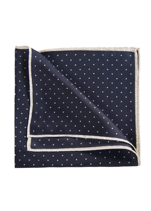 Roderick Charles navy and white silk pocket square with hand rolled edges