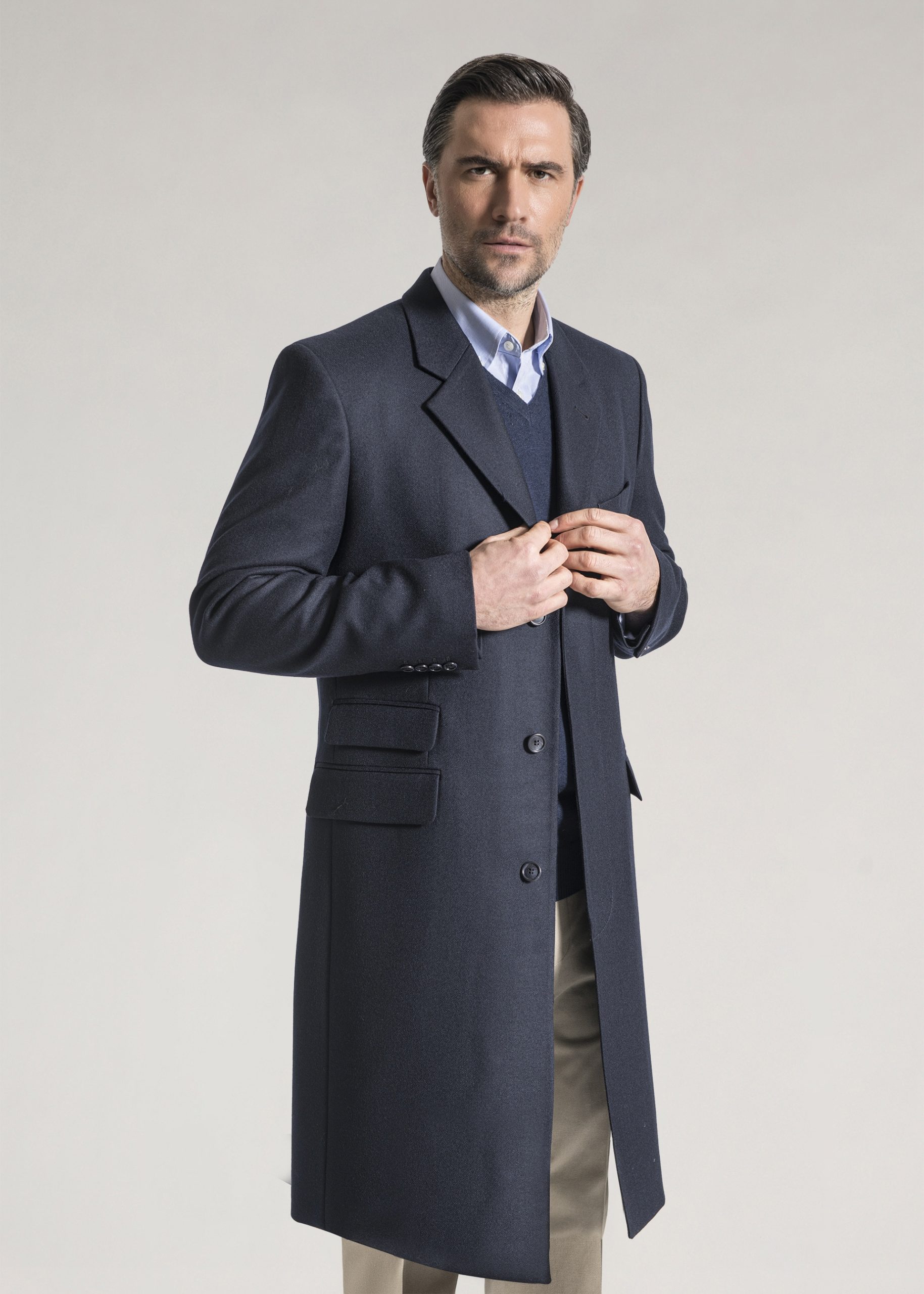100% wool navy long overcoat