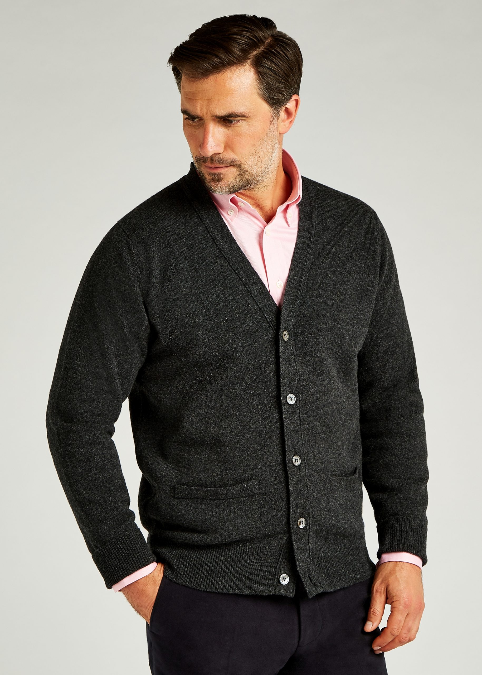Roderick Charles lambswool cardigan with three button front in charcoal grey