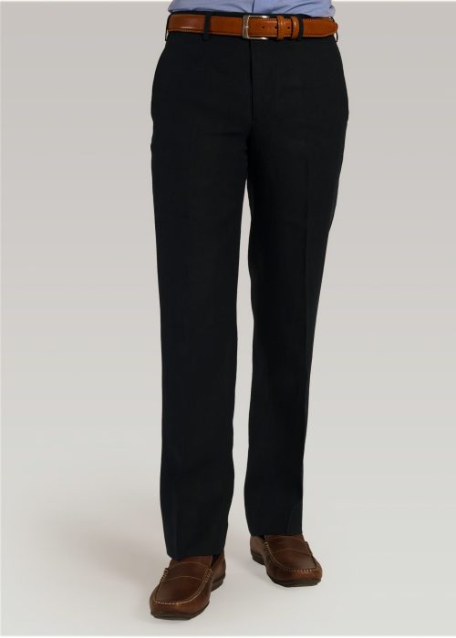 Navy linen trousers with belt loops styled with shirt