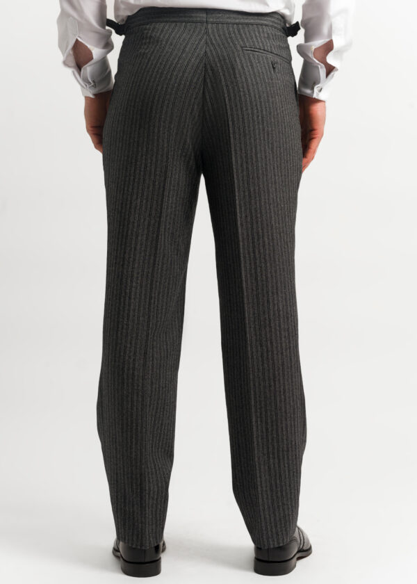 The back of men's wool grey striped morning trousers.