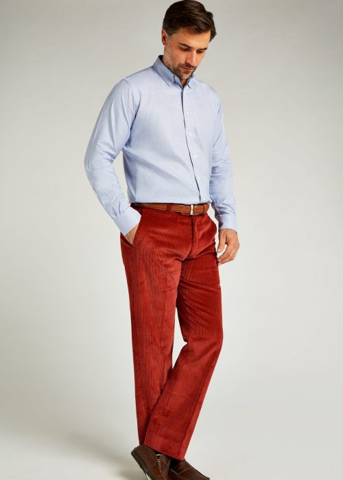 Mens flat fronted rich berry red corduroy trousers