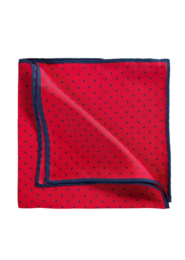 Roderick Charles red and navy silk pocket square with hand rolled edges