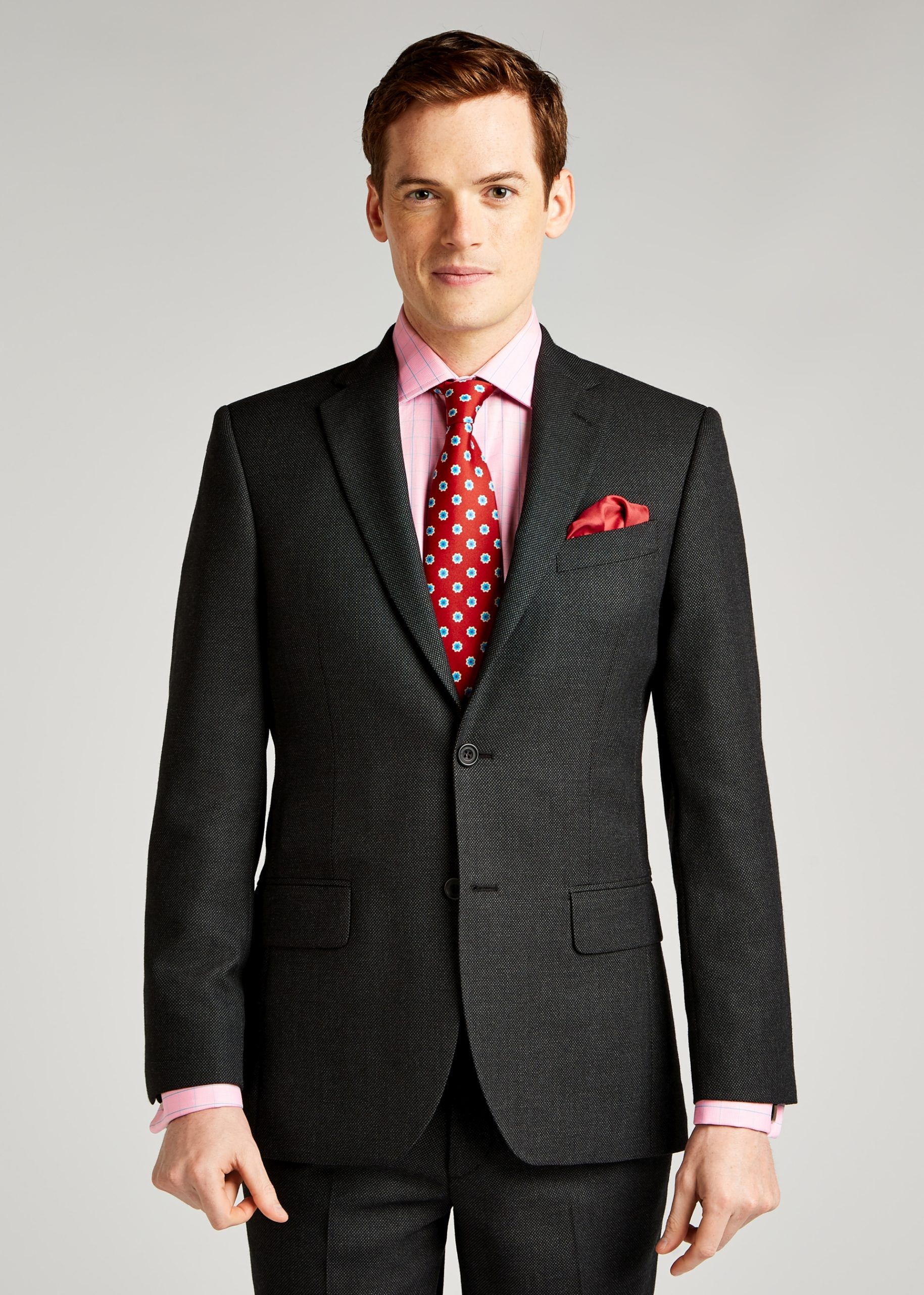 Roderick Charles tailored fit charcoal suit styled with silk pocket square, brogues and tie