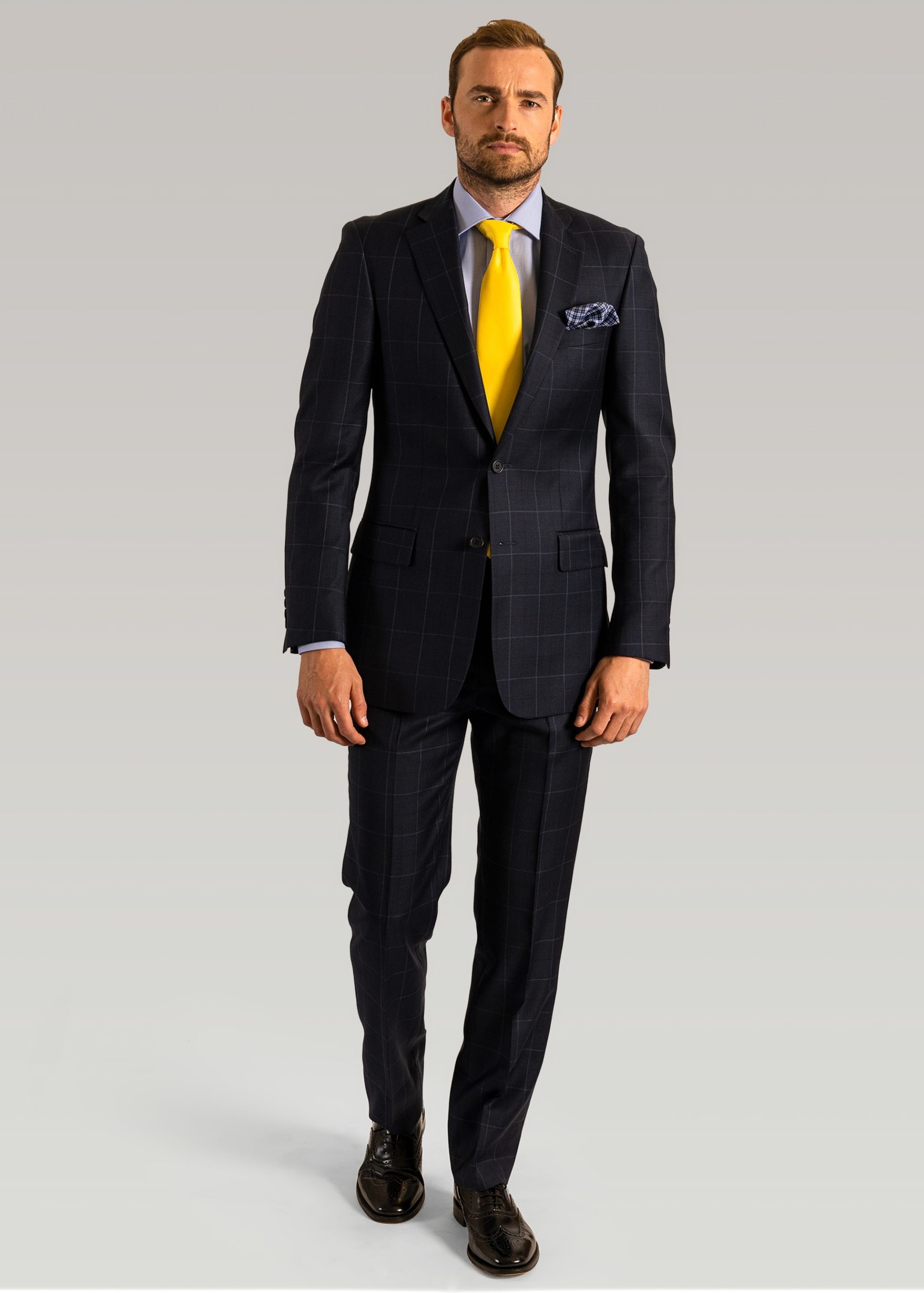 Roderick Charles windowpane tailored fit suit with yellow tie
