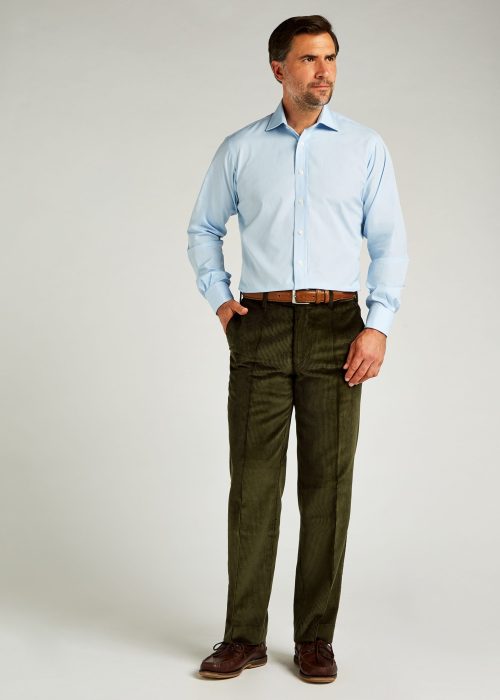 Flat fronted dark olive cord trousers
