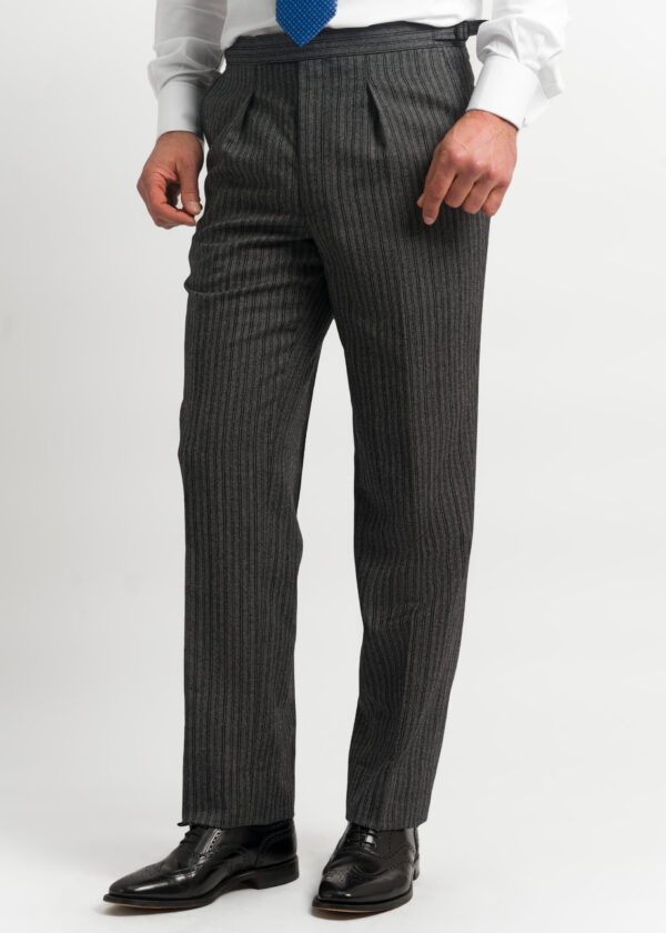 Striped grey morning suit trousers with single pleat front and side adjusters.