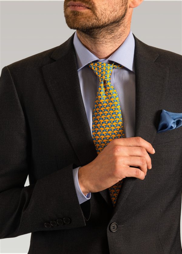 Plain grey men's suit worn with blue gingham shirt and yellow horse tie