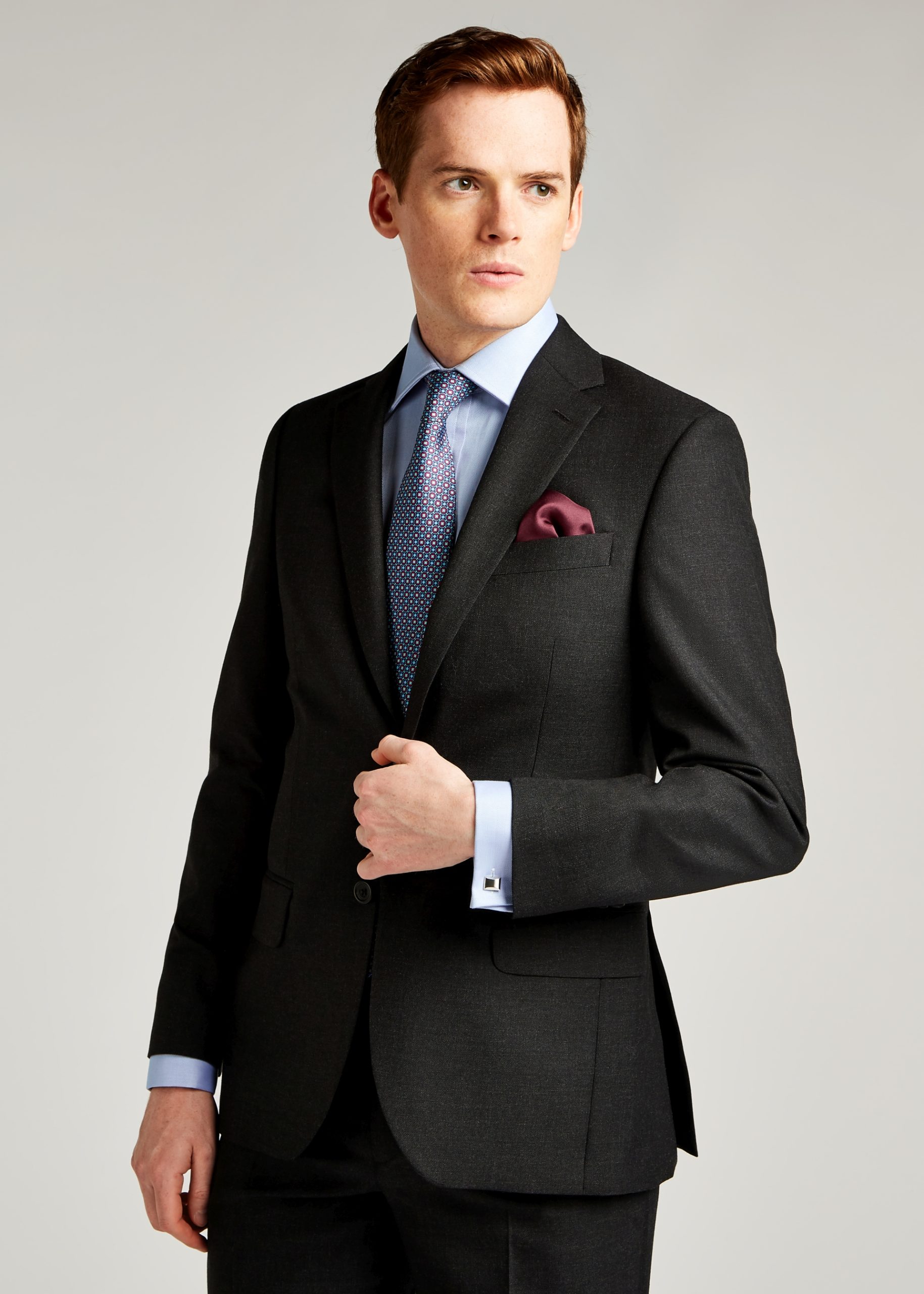 Four button cuff mens suit in charcoal