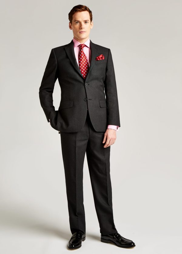 A two piece grey birdseye tailored fit suit by Roderick Charles