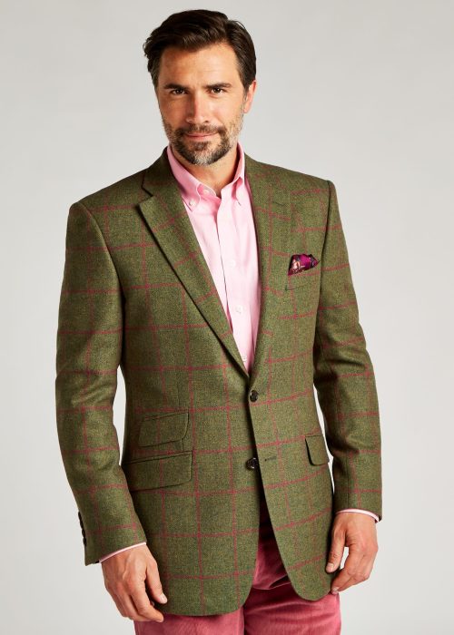 Pink and green windowpane tailored fit tweed jacket styled with silk pocket square