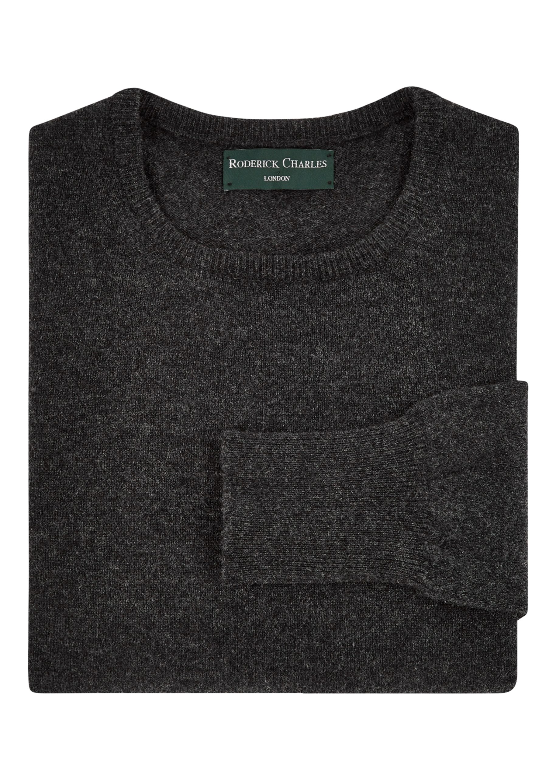 Men’s lambswool crew neck in charcoal grey styled with moleskin trousers