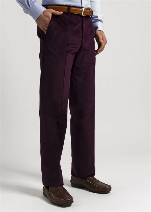 Needlecord trousers by Roderick Charles in aubergine