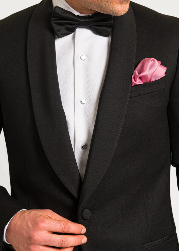 A detail shot of the Roderick Charles shawl collar black dinner jacket.