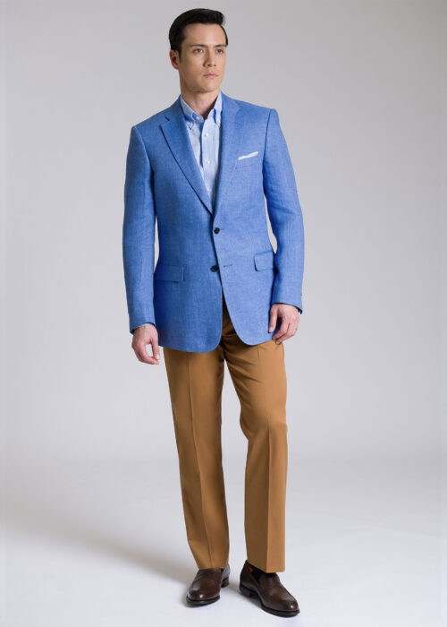Tailored Fit Pale Blue Herringbone Linen Jacket