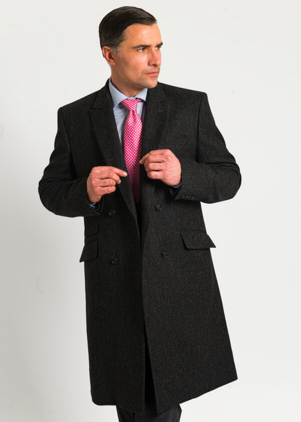 Double breasted men's dark grey wool overcoat.